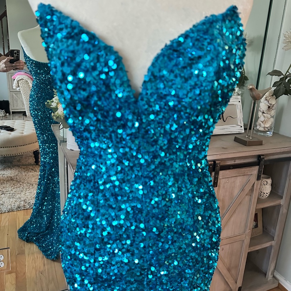 Strapless Mermaid Sequin Prom Dress - Aqua - Picture 5 of 10